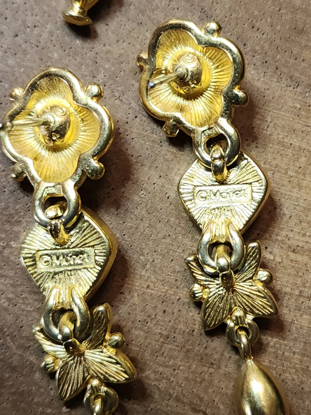 Unique Vintage Gold Floral Drop Earrings - Signed Monet